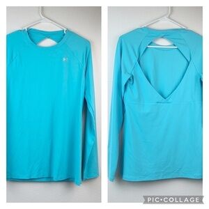 Under Armour open back heat gear, Tiffany blue yoga, running, athletic top EUC